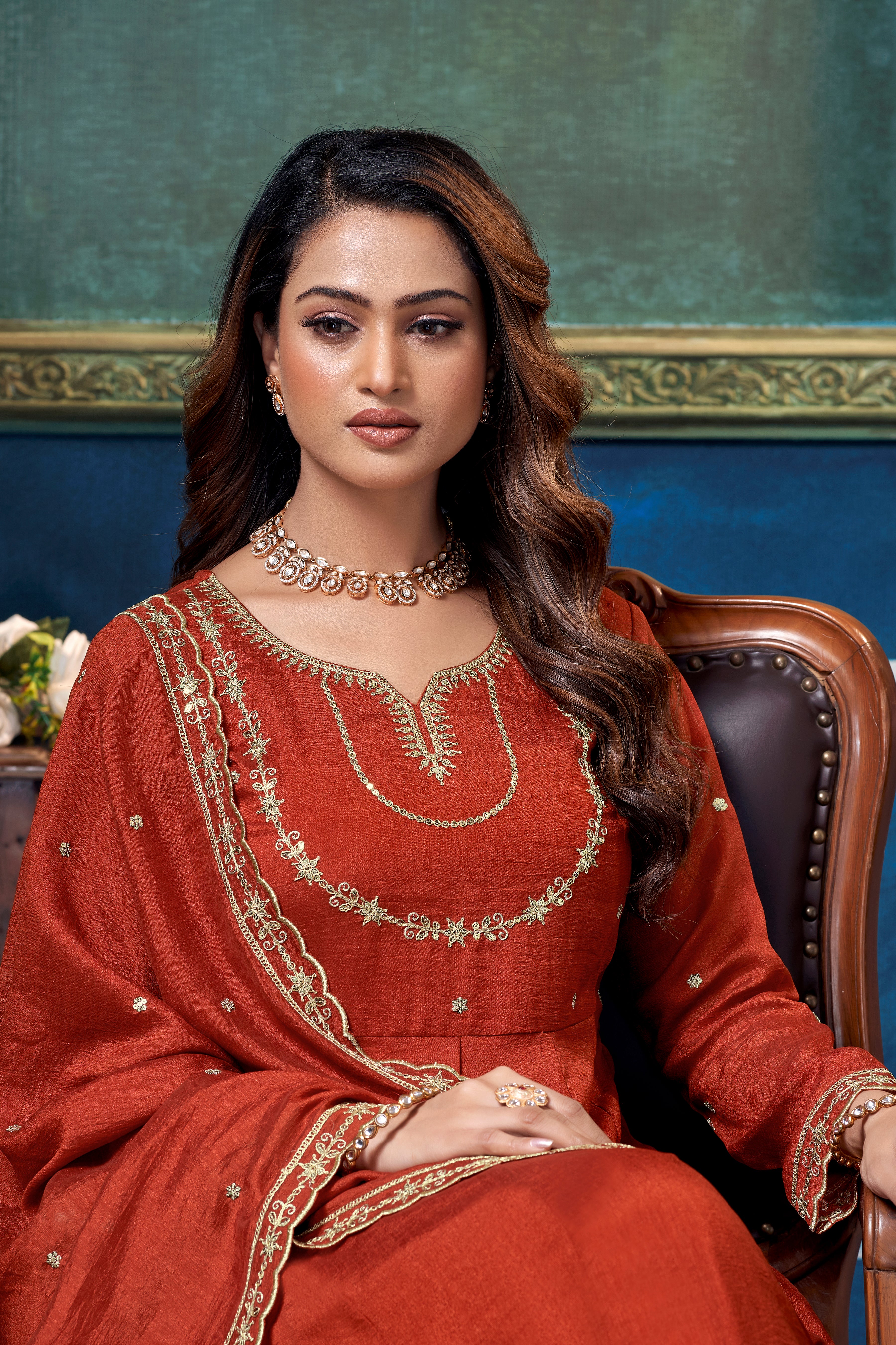 Women Ethnic Motifs Embroidered Panelled Thread Work Kurta with Trousers & With Dupatta