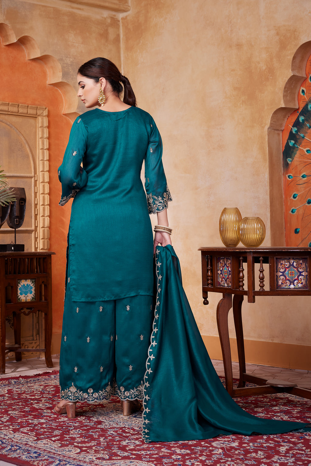 Women Designer Embroidered Kurti Set with Pant and Embroidered Dupatta