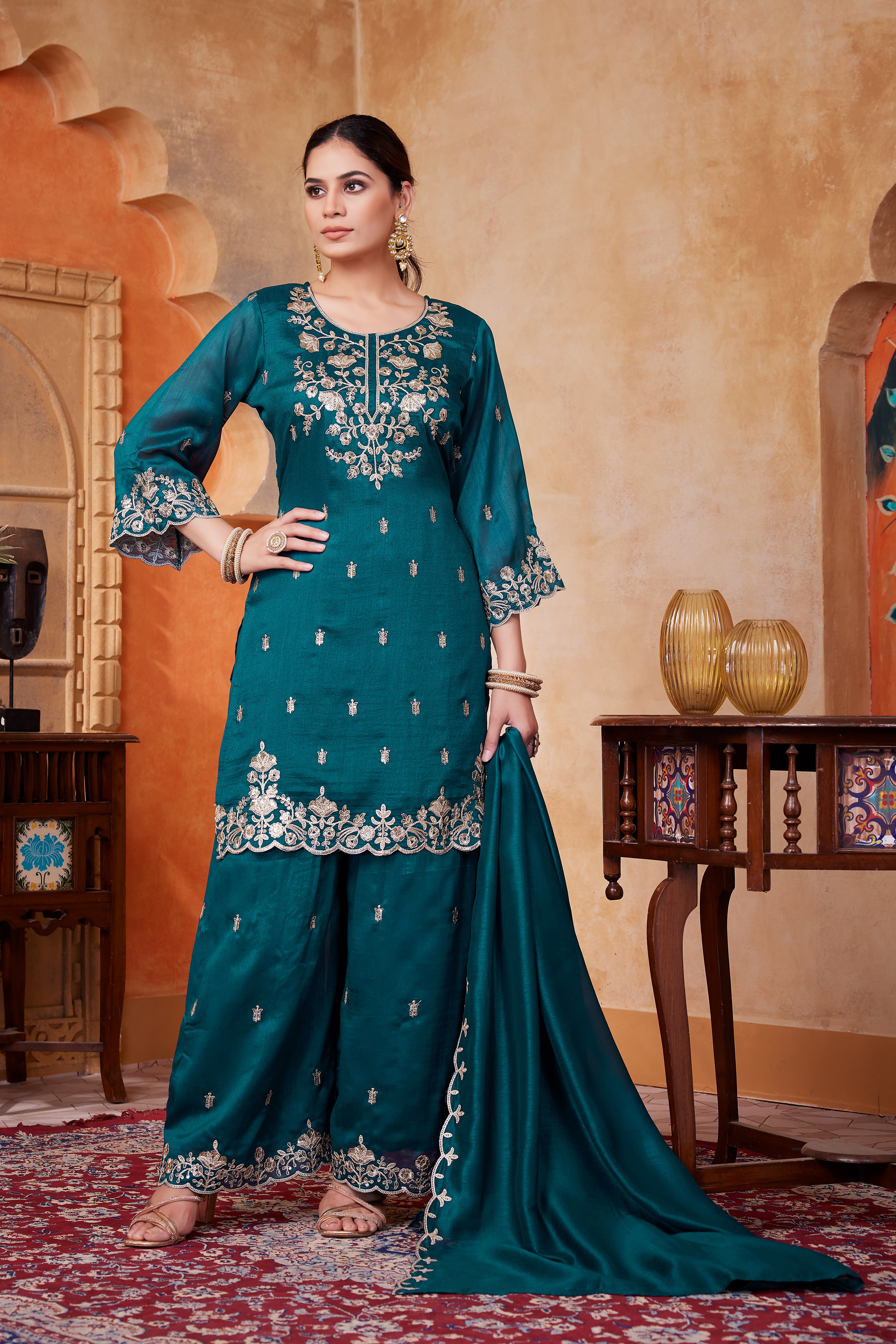 Women Designer Embroidered Kurti Set with Pant and Embroidered Dupatta
