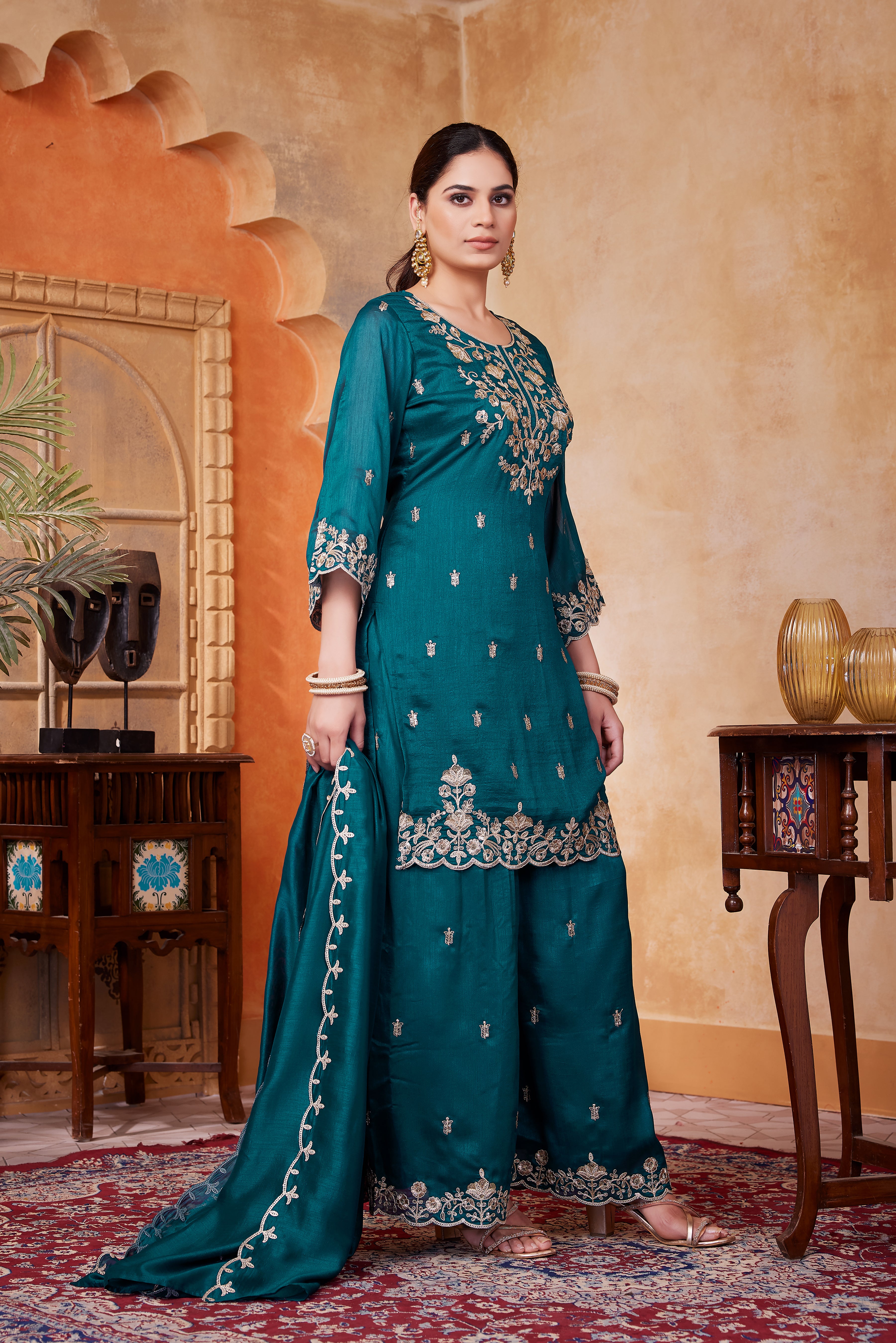 Women Designer Embroidered Kurti Set with Pant and Embroidered Dupatta