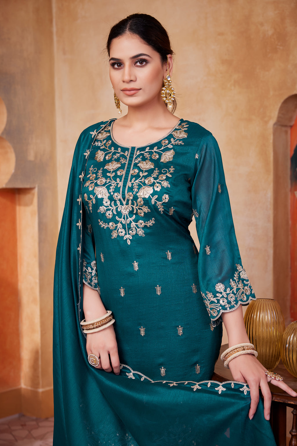 Women Designer Embroidered Kurti Set with Pant and Embroidered Dupatta
