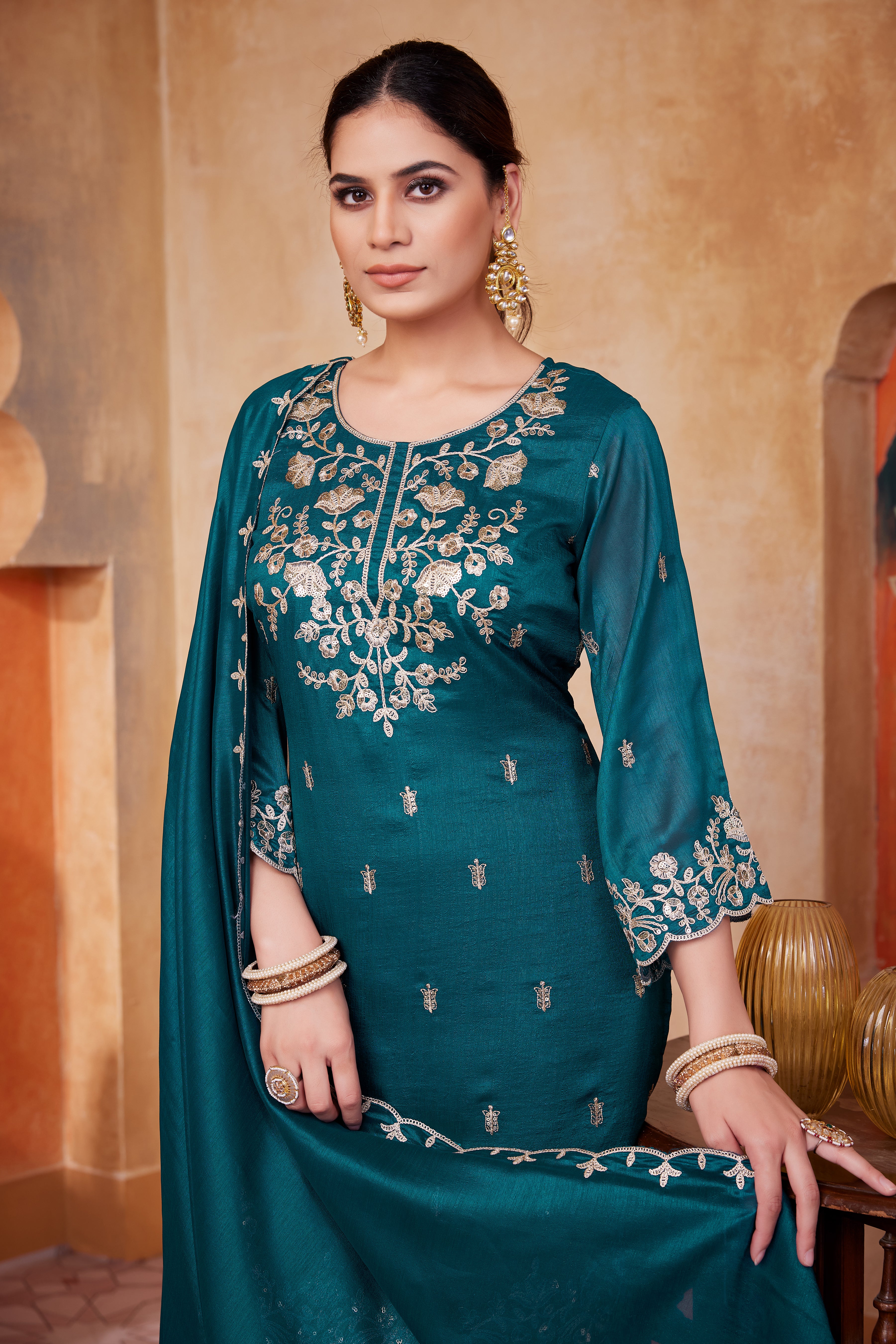 Women Designer Embroidered Kurti Set with Pant and Embroidered Dupatta