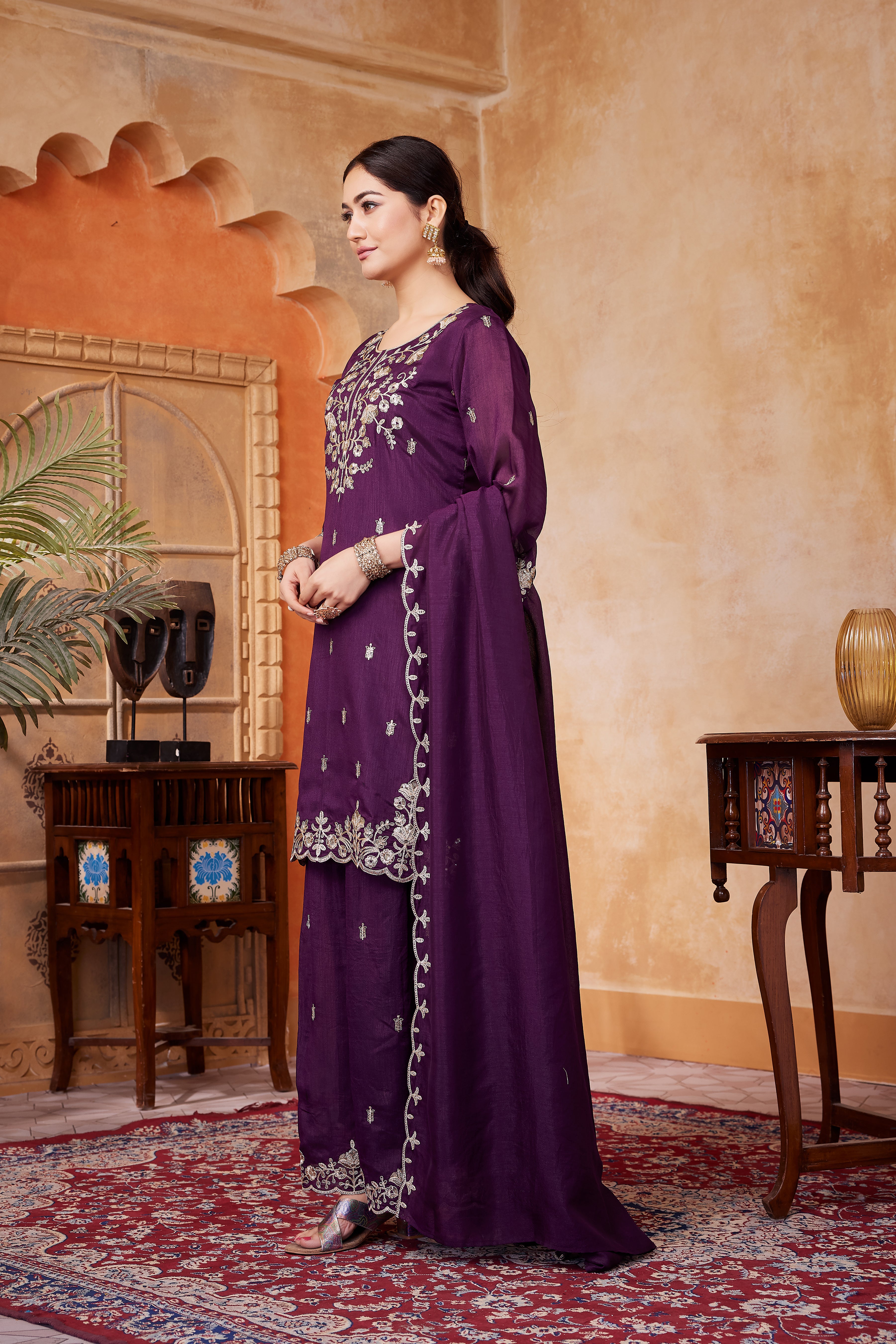 Women Designer Embroidered Kurti Set with Pant and Embroidered Dupatta