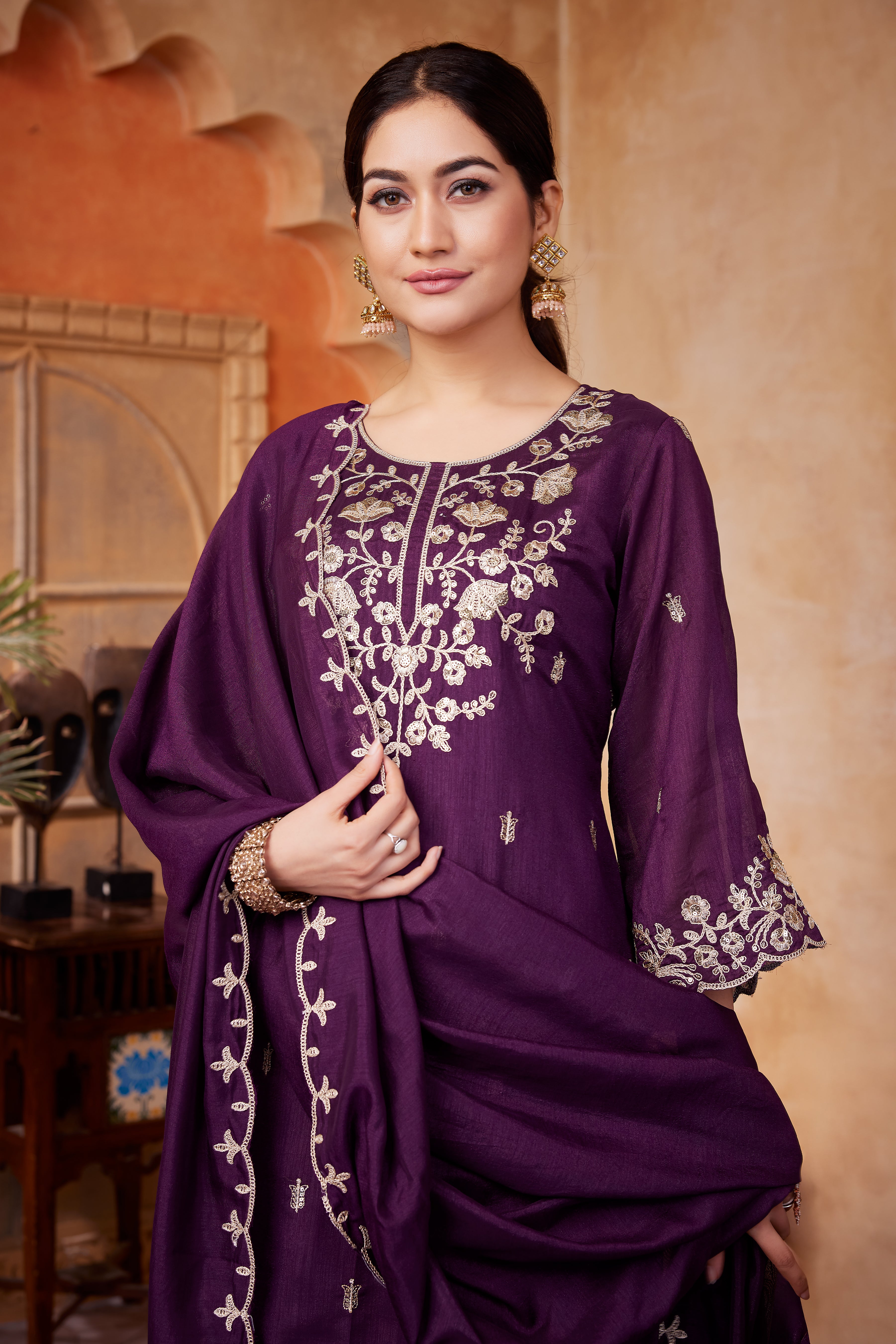 Women Designer Embroidered Kurti Set with Pant and Embroidered Dupatta