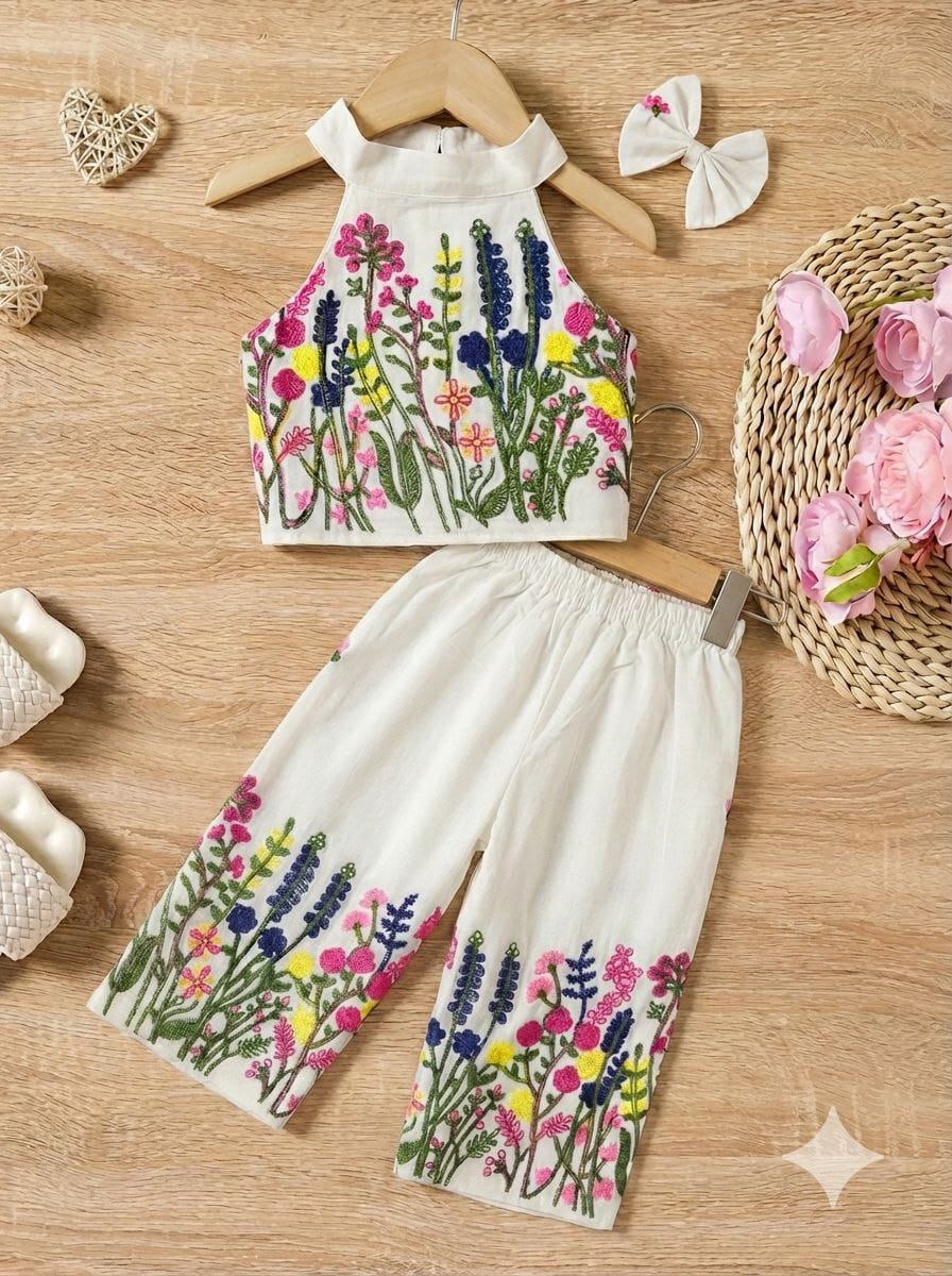 Girls Khadi Cotton Co-Ord Set – Sleeveless Embroidered Kids Matching Outfit