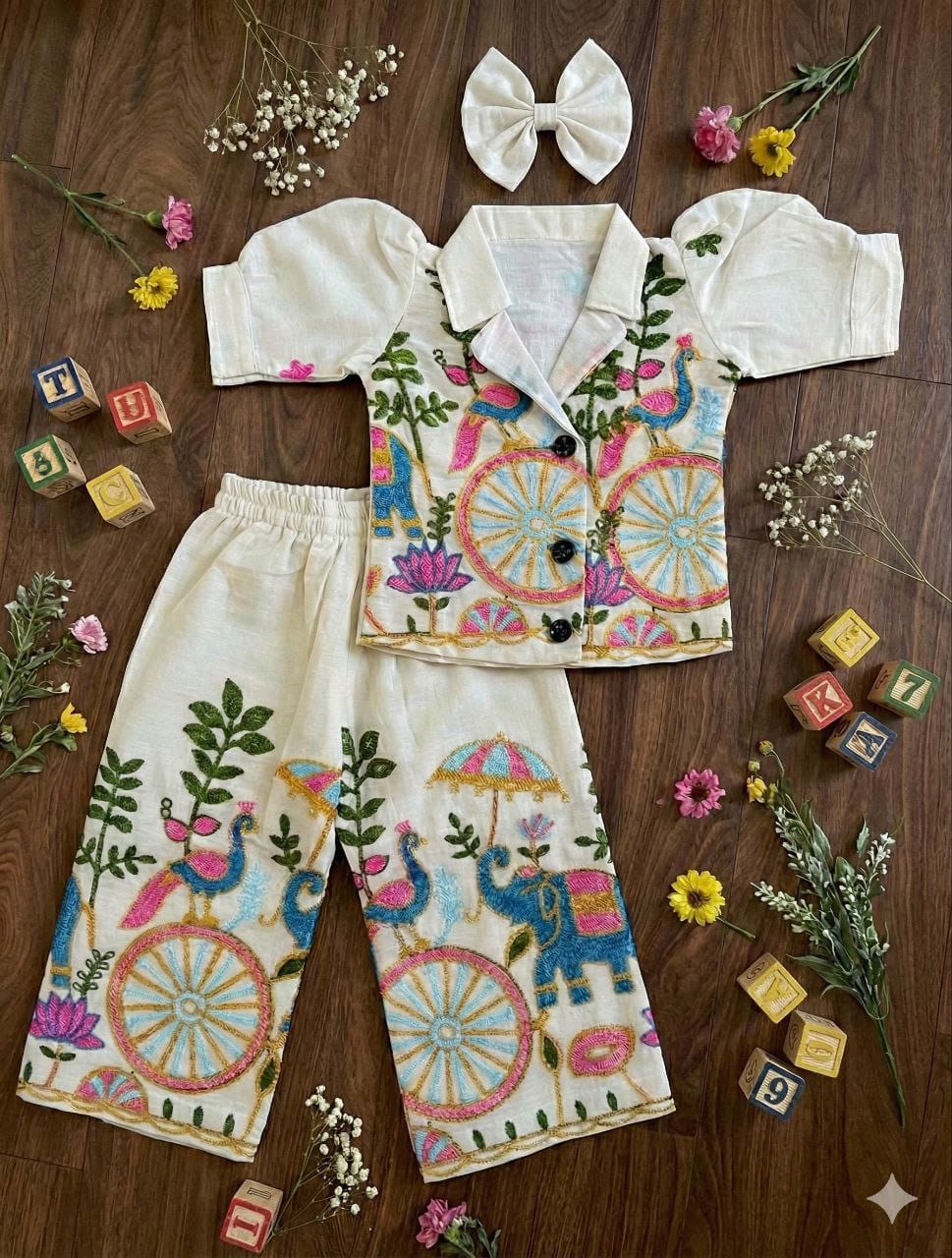 Girls Khadi Cotton Co-Ord Set – Embroidered Kids Matching Outfit