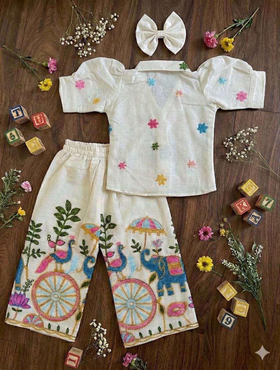 Girls Khadi Cotton Co-Ord Set – Embroidered Kids Matching Outfit