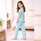 Kids Girls Cord Set Night Suit | Blue Rainbow Print Cotton Pajama Set