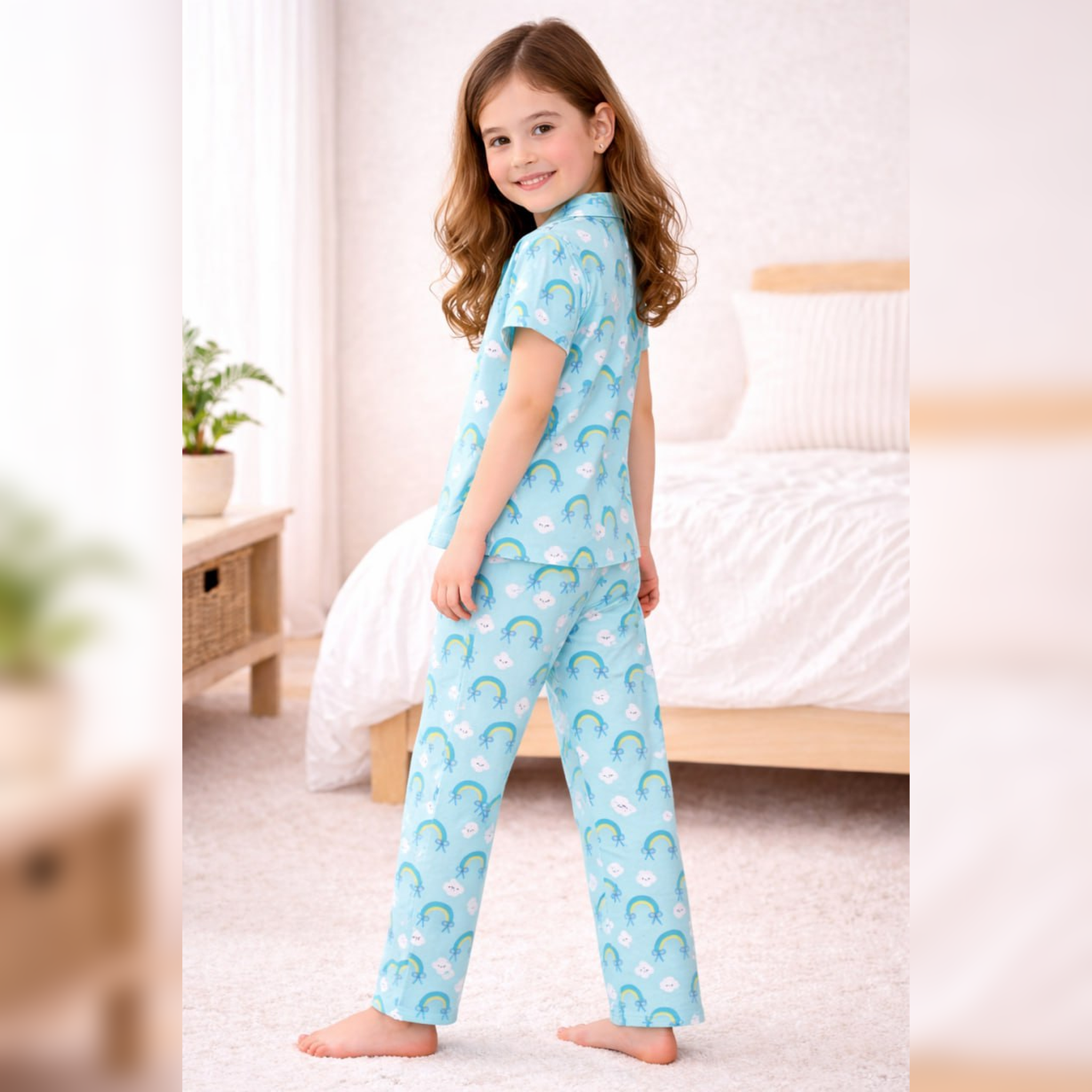 Kids Girls Cord Set Night Suit | Blue Rainbow Print Cotton Pajama Set