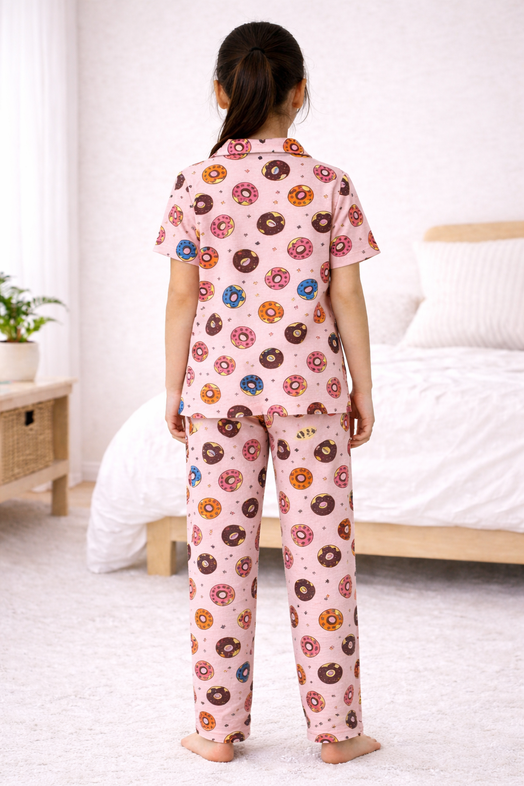 Kids Girls Cord-Set Night Suit | Pink Donut Print Cotton Pajama Set