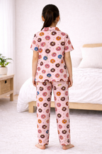 Kids Girls Cord-Set Night Suit | Pink Donut Print Cotton Pajama Set