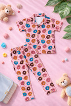 Kids Girls Cord-Set Night Suit | Pink Donut Print Cotton Pajama Set