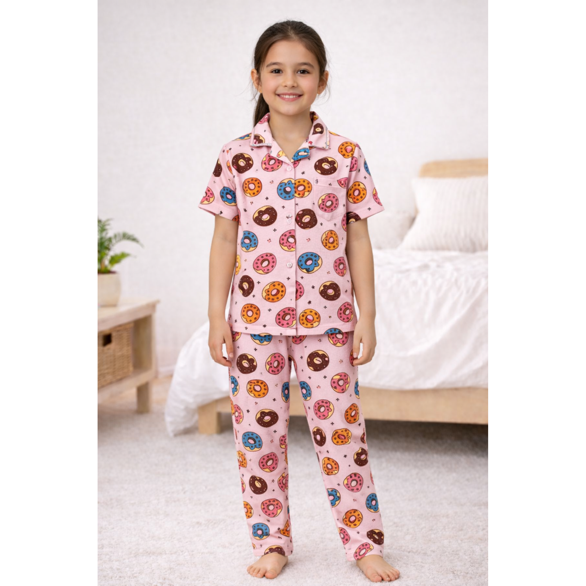Kids Girls Cord-Set Night Suit | Pink Donut Print Cotton Pajama Set