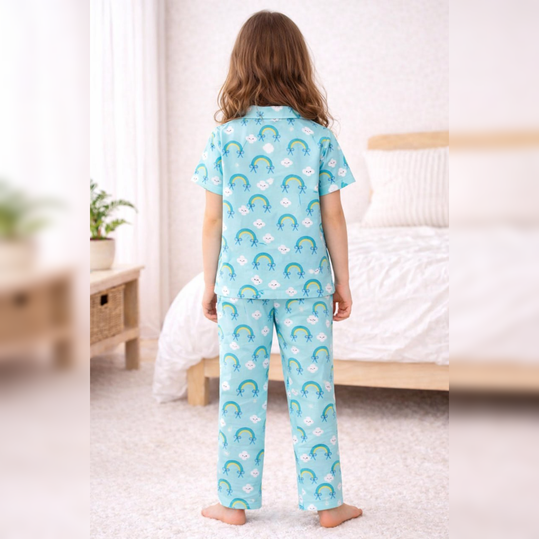 Kids Girls Cord Set Night Suit | Blue Rainbow Print Cotton Pajama Set