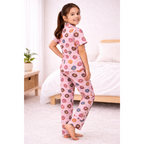 Kids Girls Cord-Set Night Suit | Pink Donut Print Cotton Pajama Set