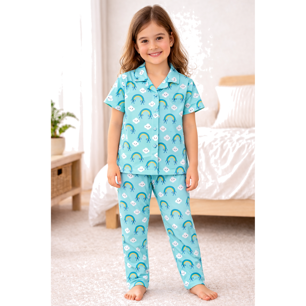 Kids Girls Cord Set Night Suit | Blue Rainbow Print Cotton Pajama Set