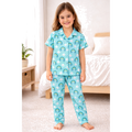 Kids Girls Cord Set Night Suit | Blue Rainbow Print Cotton Pajama Set