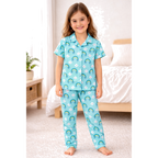 Kids Girls Cord Set Night Suit | Blue Rainbow Print Cotton Pajama Set