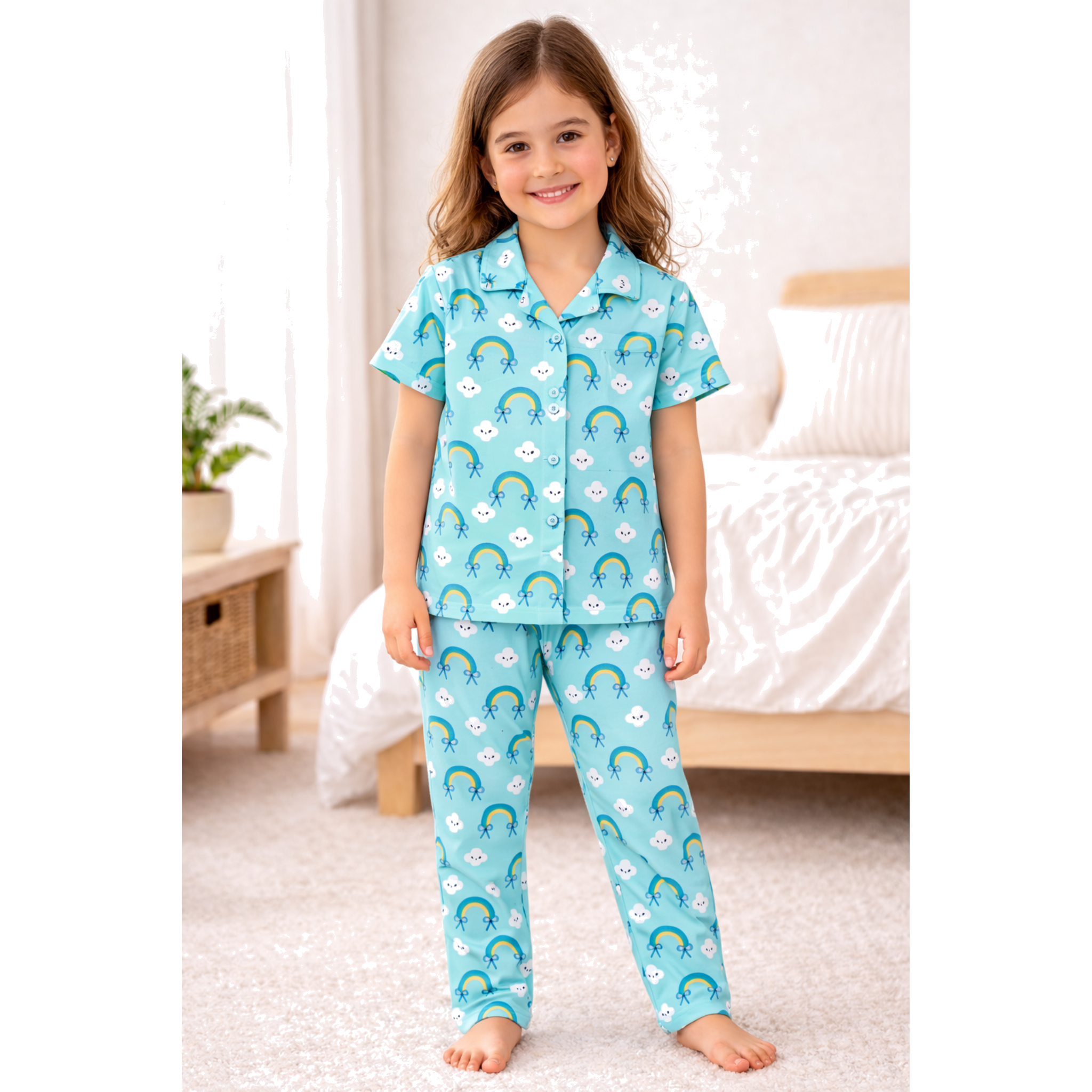 Kids Girls Cord Set Night Suit | Blue Rainbow Print Cotton Pajama Set