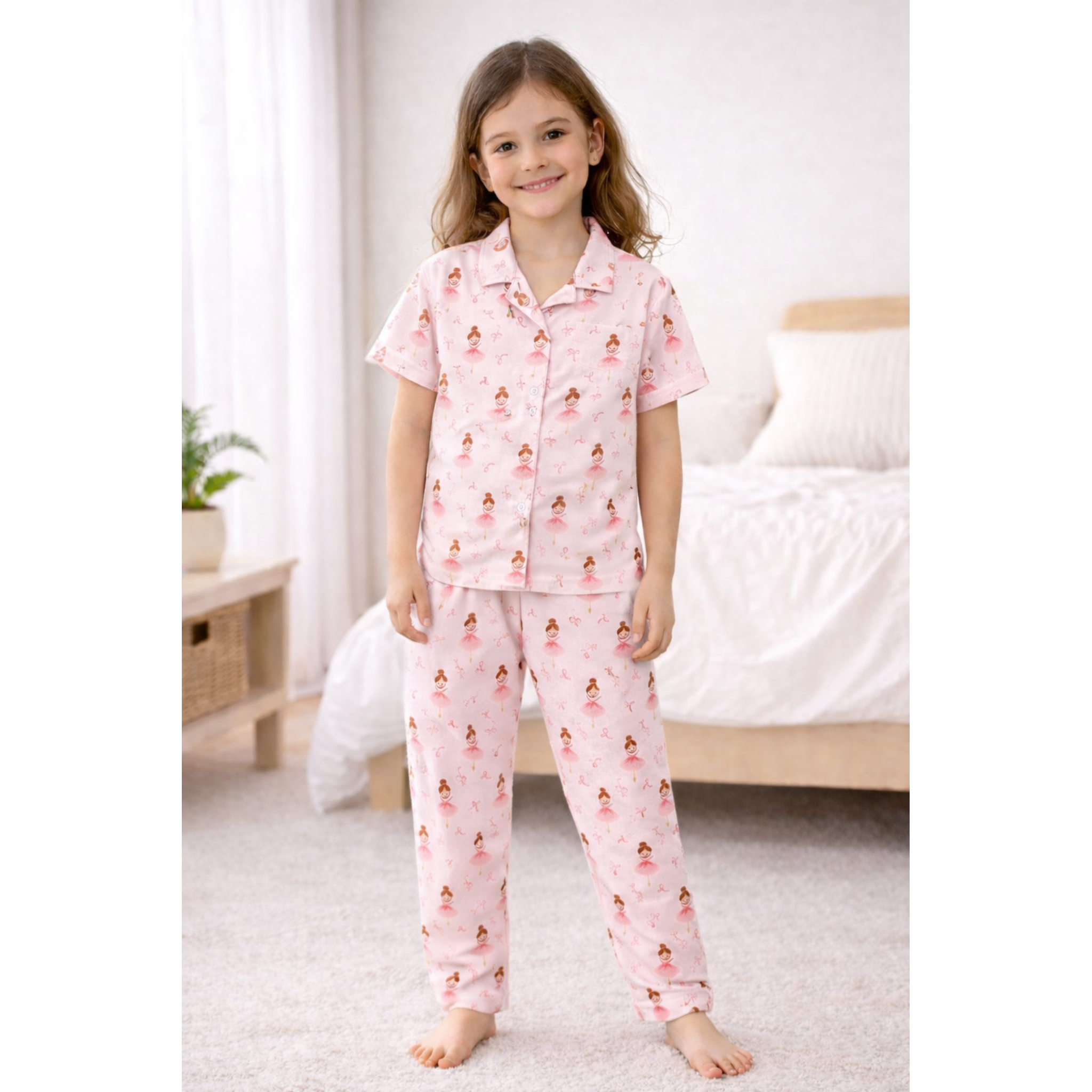 Girls Pink Cotton Cord-Set Pajama